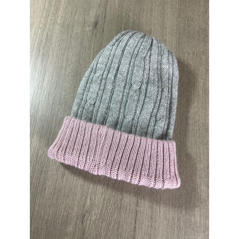Baby Alpaca Reversible Cable Knit Beanie Pink Gray Made in Peru Winter Hat NWT